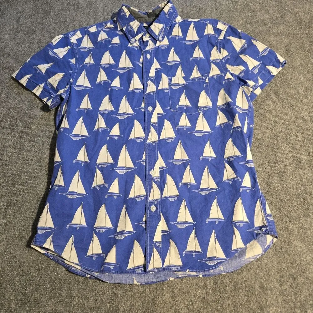 J Crew Shirt Mens Medium Blue Sailboats Button Down Short Sleeve Pocket